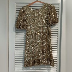 Gold Sequin Sheath Dress with Puff Sleeves